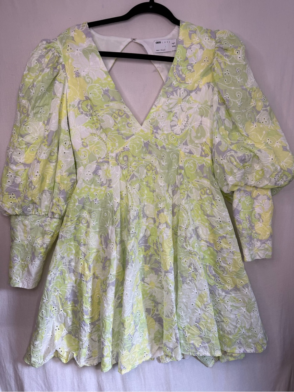 ASOS Luxe Lime Green Floral Eyelet Puff-Sleeve Mini Dress Size 8